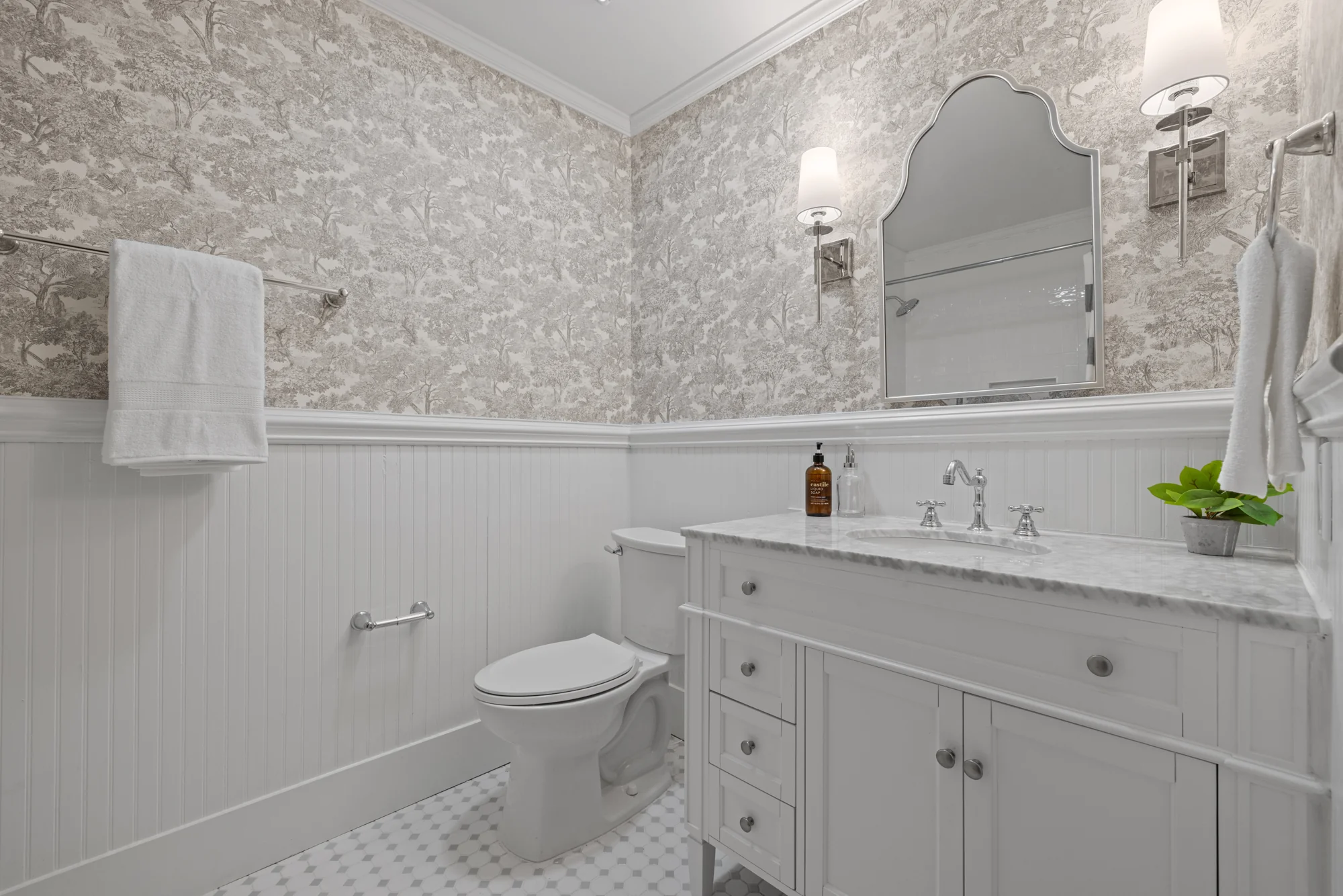 Pemberton: patterned wallpaper and white vanity