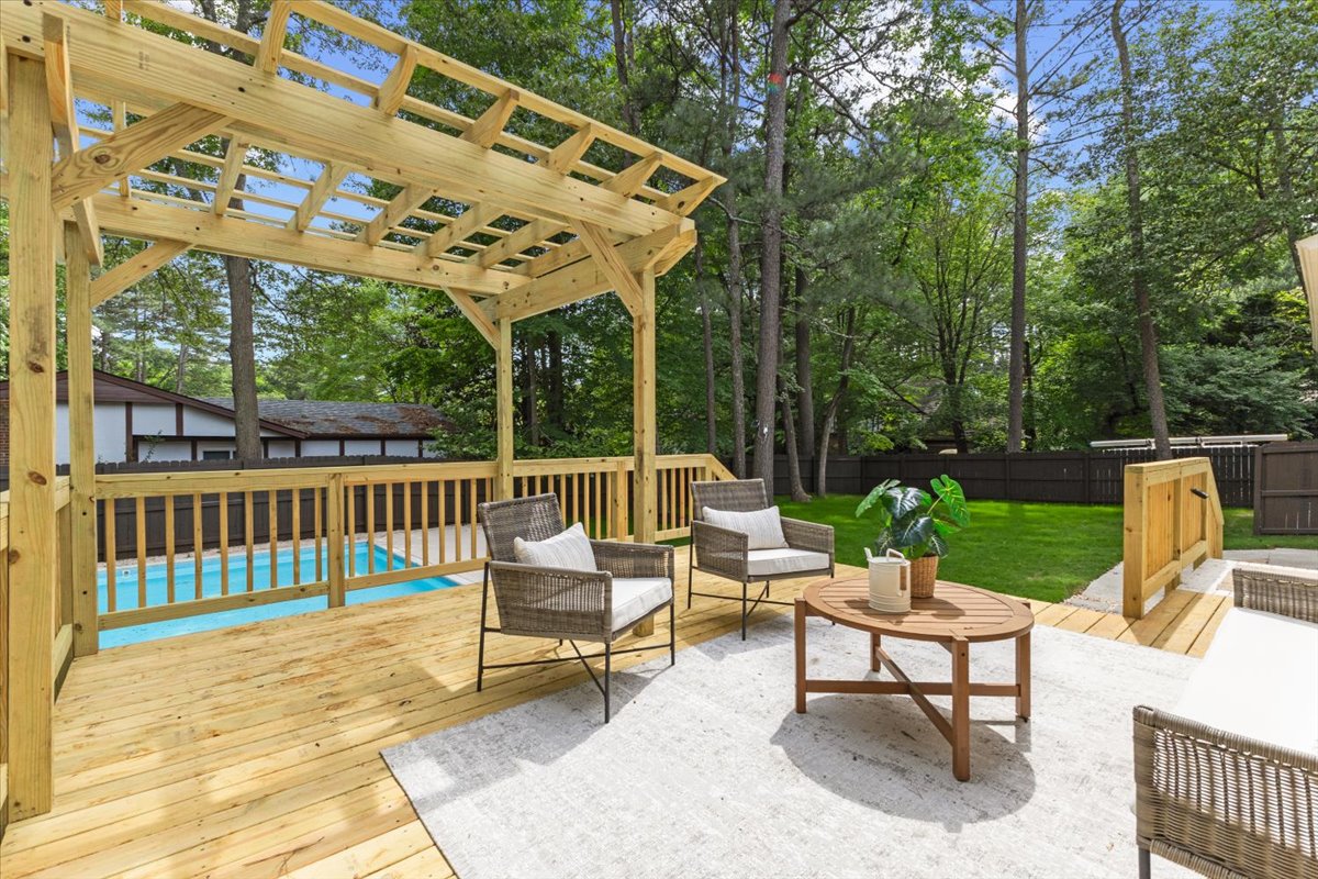 Pepperton: wood deck, pergola, and outdoor seating