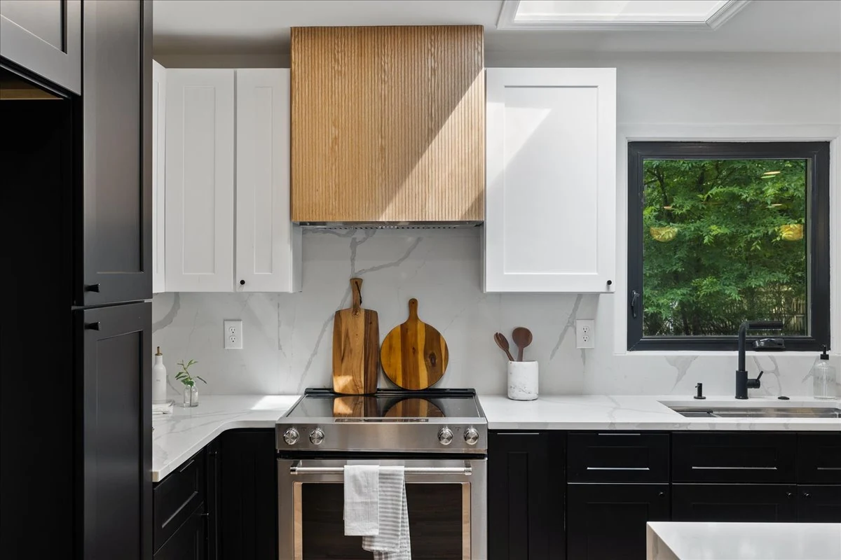 Ridgecrest: wood range hood and patterned backsplash
